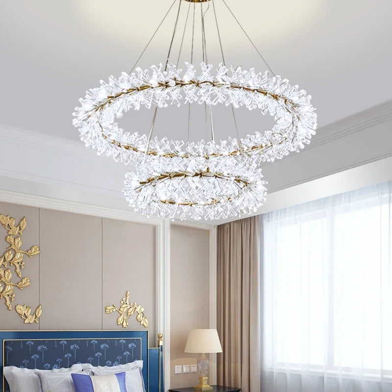 lustre en cristal moderne avec anneaux suspendus led de luxe