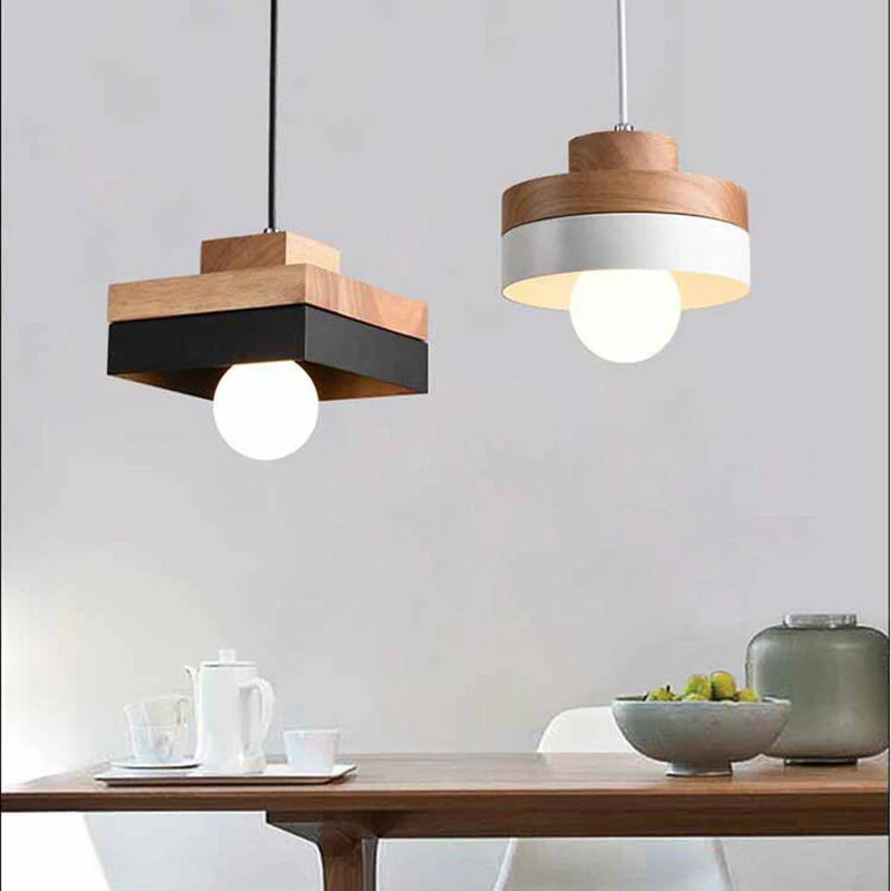 Nordique LED suspension en bois fer 18CM carré salon luminaire suspendu pour chambre salle à manger étude décor à la maison Luminaires