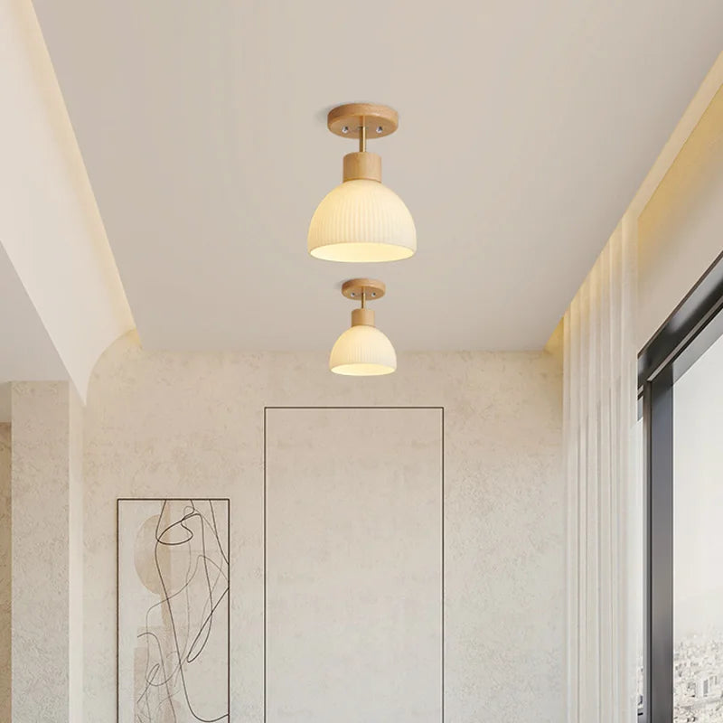plafonnier nordique en bois et verre rayé design moderne luminaire décoratif
