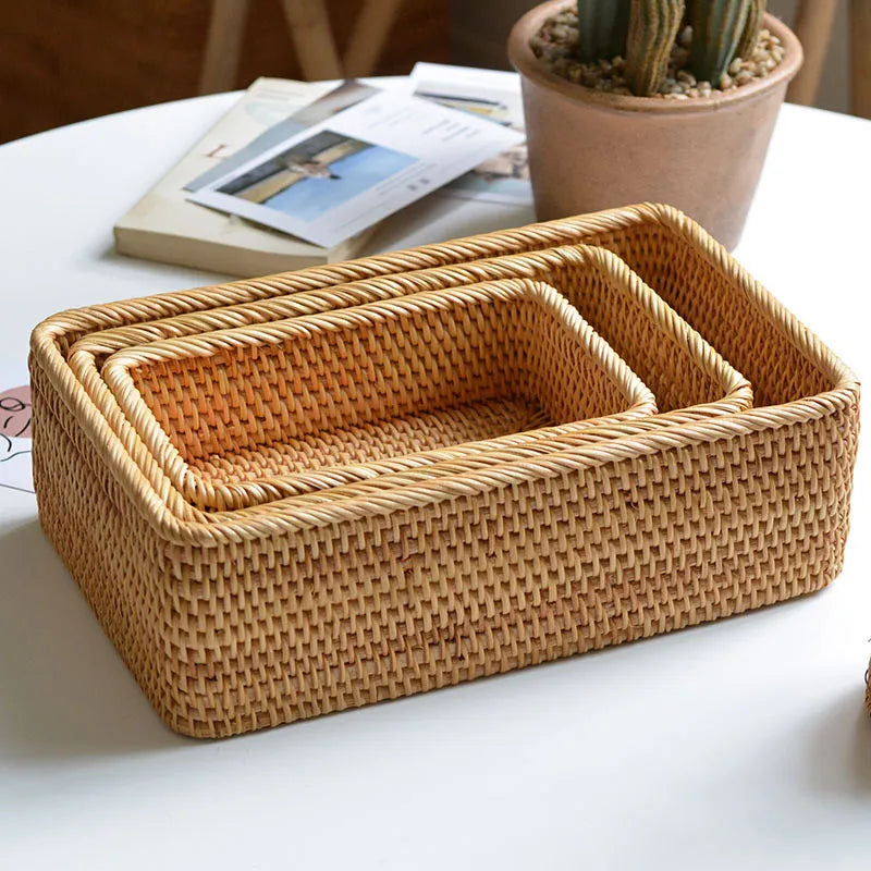 paniers rectangulaires en rotin tissés à la main pour rangement et décoration