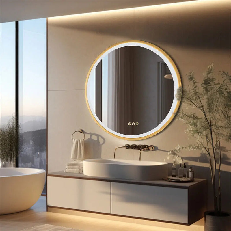 miroir rond éclairé avec cadre en aluminium et fonction mémoire