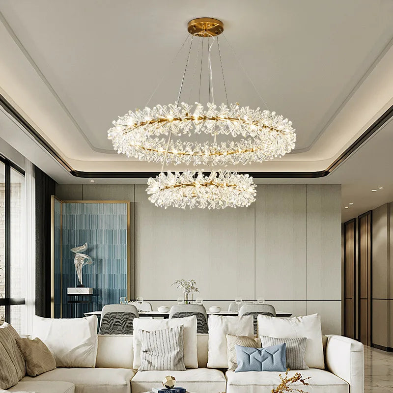 lustre led cristal clair rond avec fil métallique doré réglable