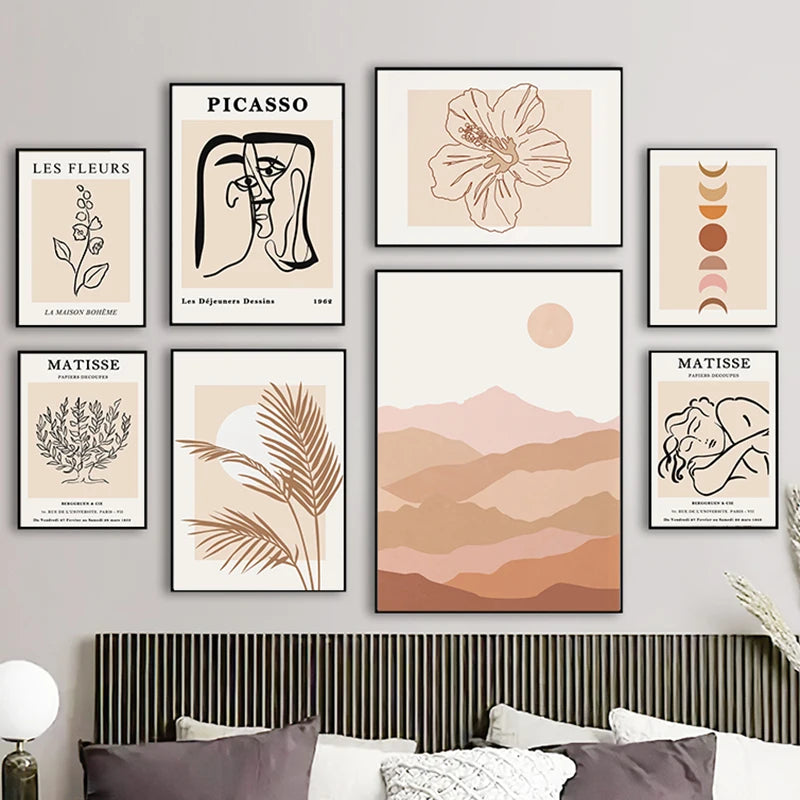 art mural boho feuillage lune peinture abstraite pour décoration intérieure