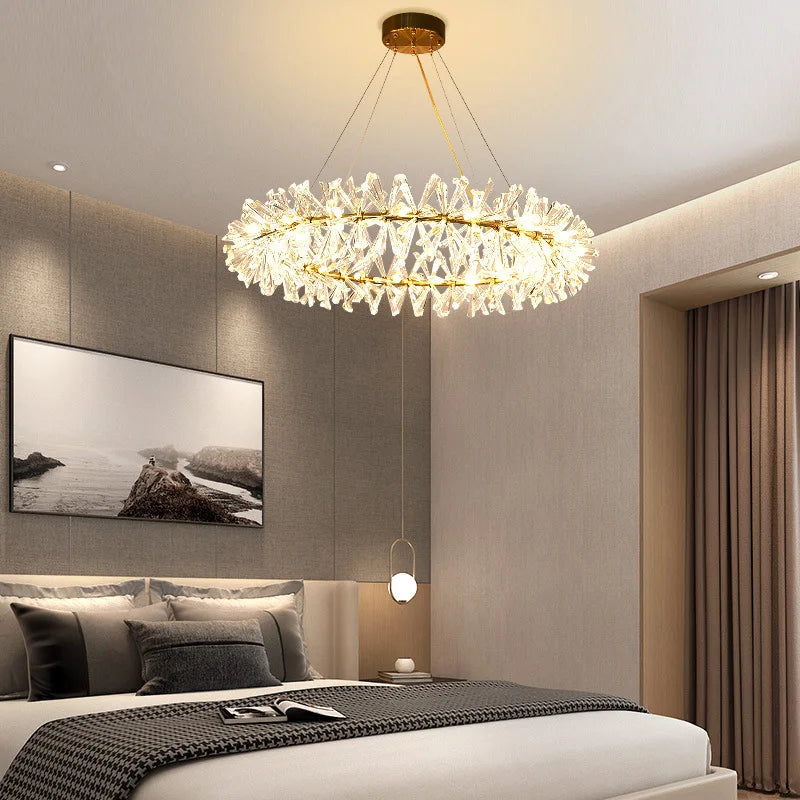 lustre led cristal clair rond avec fil métallique doré réglable