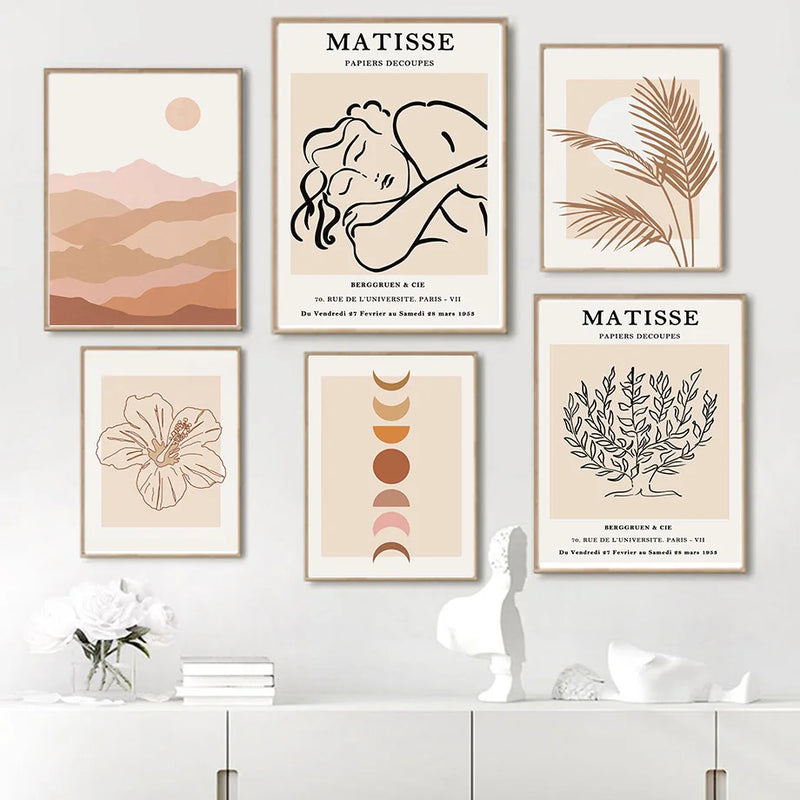 art mural boho feuillage lune peinture abstraite pour décoration intérieure