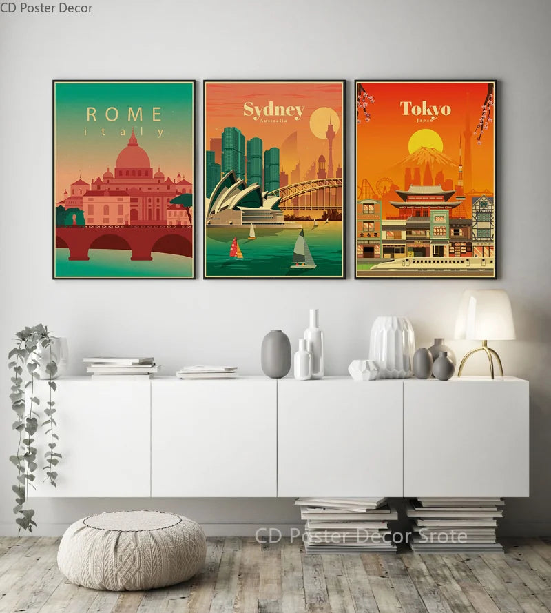 affiche rétro des villes du monde art mural vintage