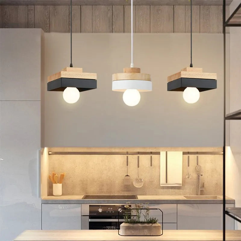 Nordique LED suspension en bois fer 18CM carré salon luminaire suspendu pour chambre salle à manger étude décor à la maison Luminaires