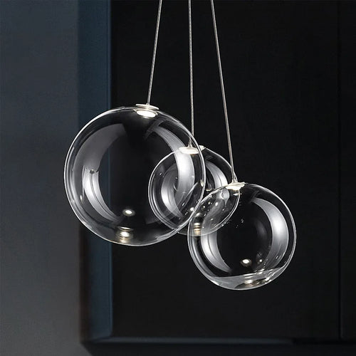 suspension moderne led boule de verre design chrome