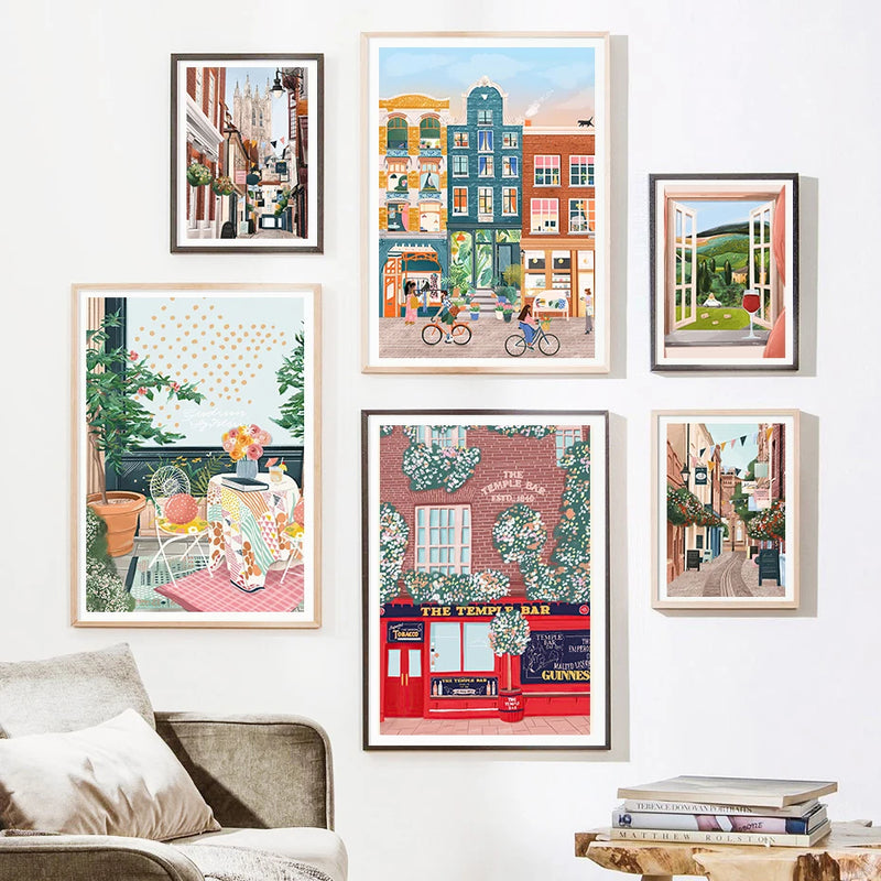 aquarelle ville côtière affiches art mural décor nordique