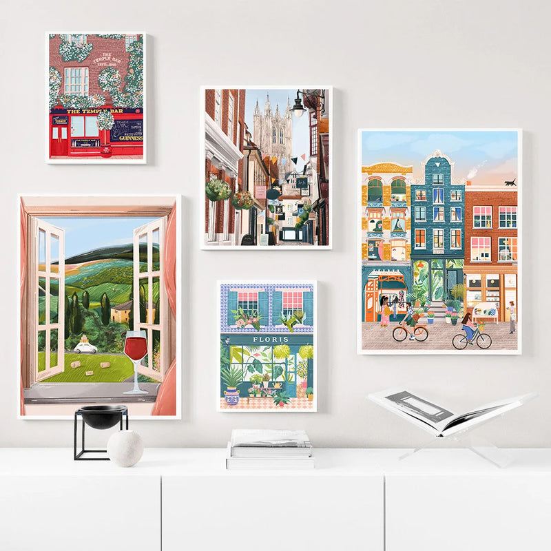 aquarelle art mural ville côtière saloon décor moderne