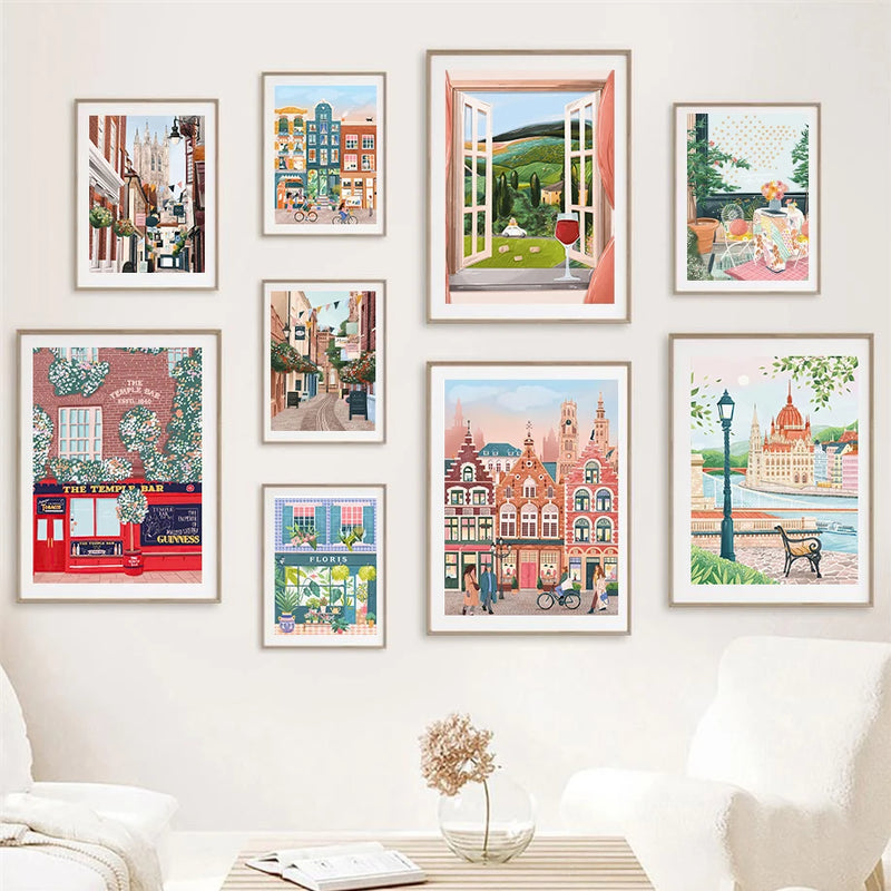 aquarelle ville côtière affiches art mural décor nordique