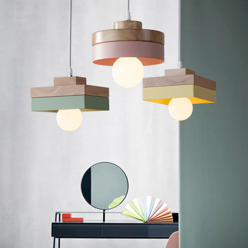 Nordique LED suspension en bois fer 18CM carré salon luminaire suspendu pour chambre salle à manger étude décor à la maison Luminaires