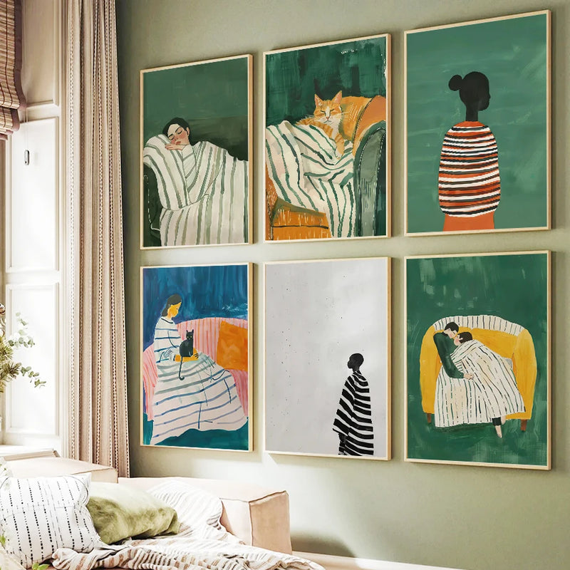 art mural abstrait femme chat pour décoration intérieure