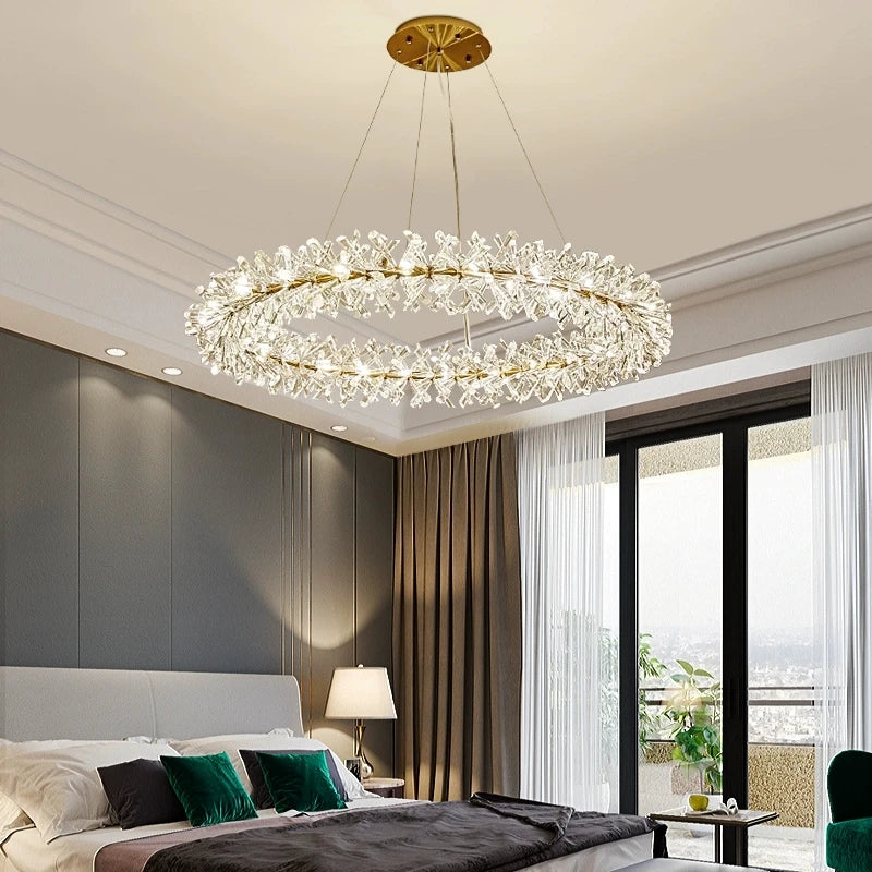 lustre led cristal clair rond avec fil métallique doré réglable