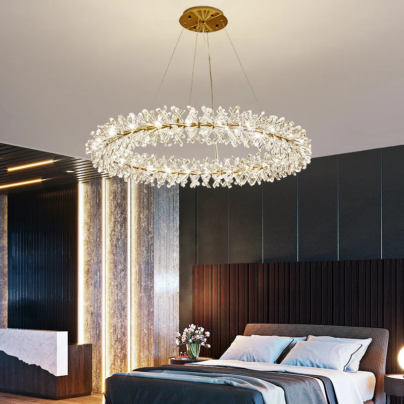lustre led cristal clair rond avec fil métallique doré réglable