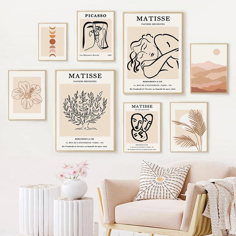 art mural abstrait boho feuillage lune et fleurs décorations murales