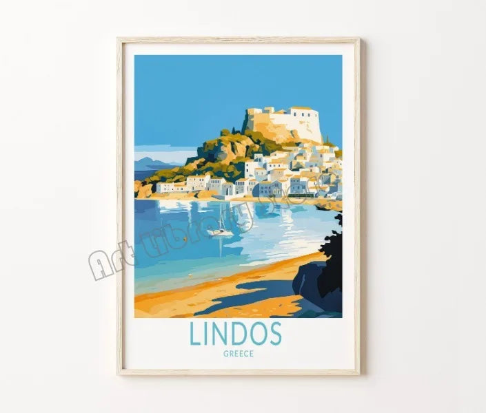 affiche rétro de voyage château et île de santorin décor mural