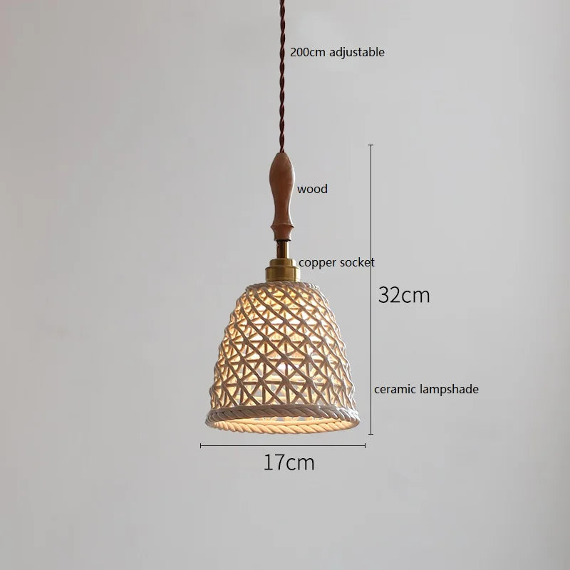 Suspension style japonais en céramique et bois de frêne vintage