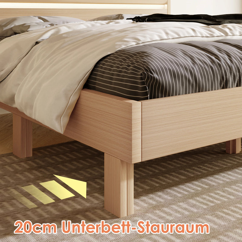 lit en bois avec rangement et éclairage intégré
