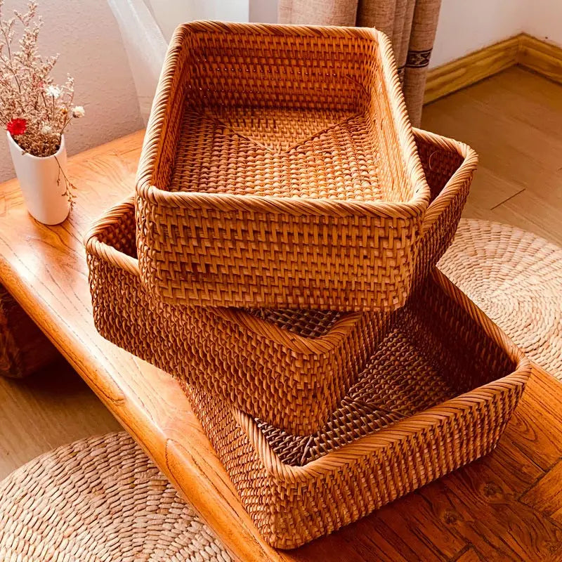 paniers rectangulaires en rotin tissés à la main pour rangement et décoration