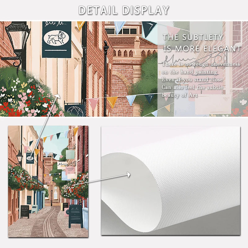 aquarelle art mural ville côtière avec vue sur rue commerciale