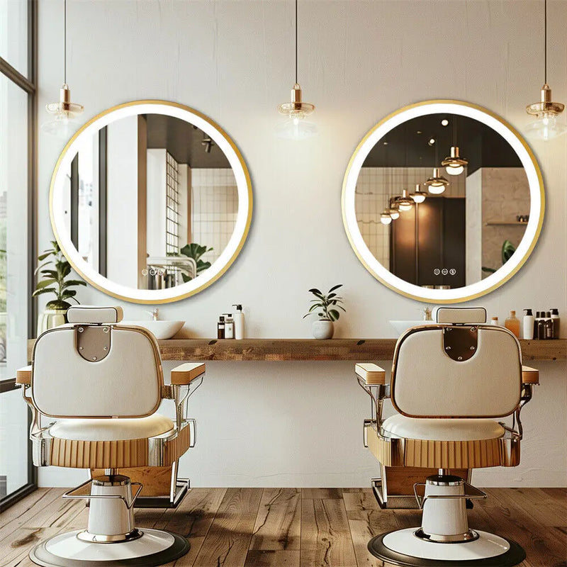 miroir rond éclairé avec cadre en aluminium et fonction mémoire