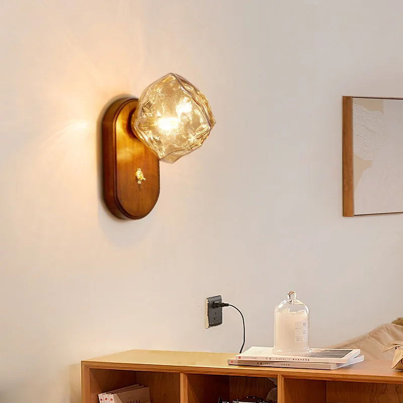applique murale led en bois avec interrupteur et verre