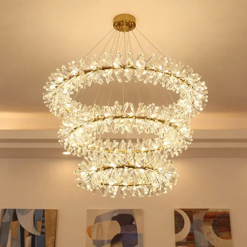 lustre en cristal moderne avec anneaux suspendus led de luxe