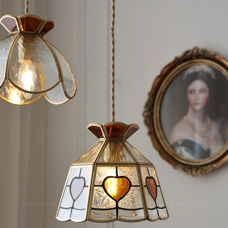 Suspension vintage en cuivre avec abat-jour en verre fait main