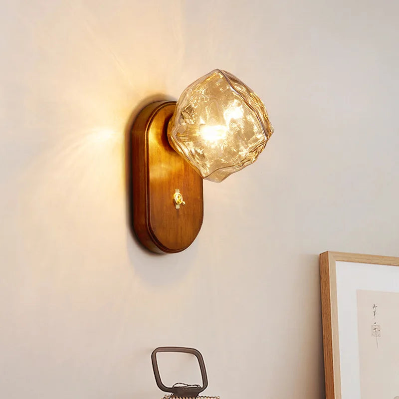 applique murale led en bois avec interrupteur et verre