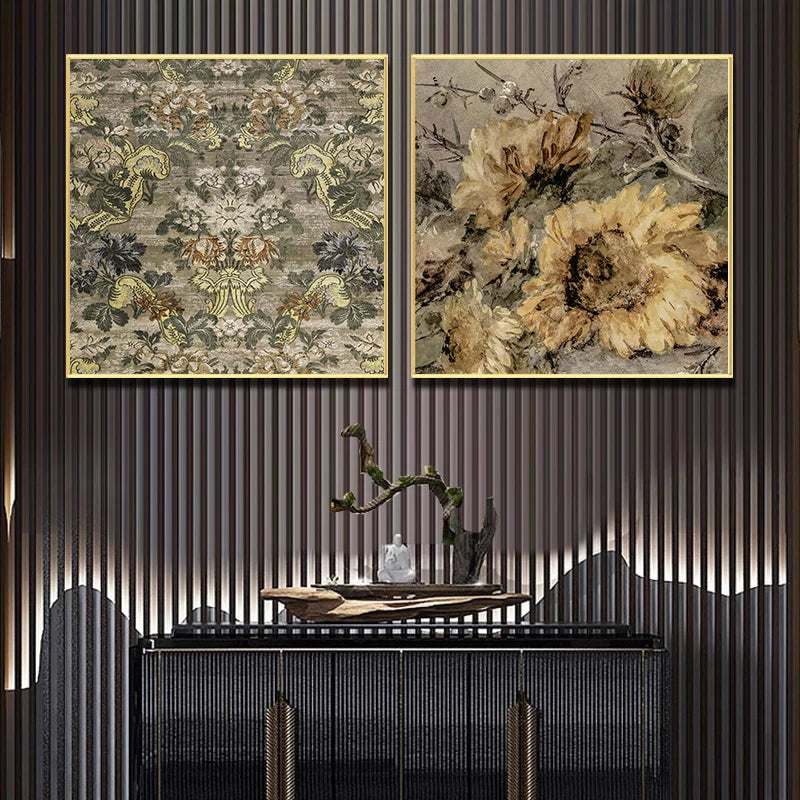 affiche vintage nature morte prairie tournesols et fleurs sauvages