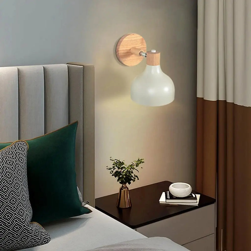 Appliques murales nordiques Macaron en bois lampe de chevet de chambre à coucher applique murale moderne abat-jour tête de direction E27 luminaire domestique E27