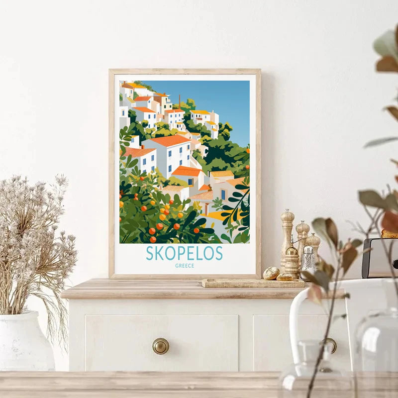 affiche rétro de voyage château et île de santorin décor mural