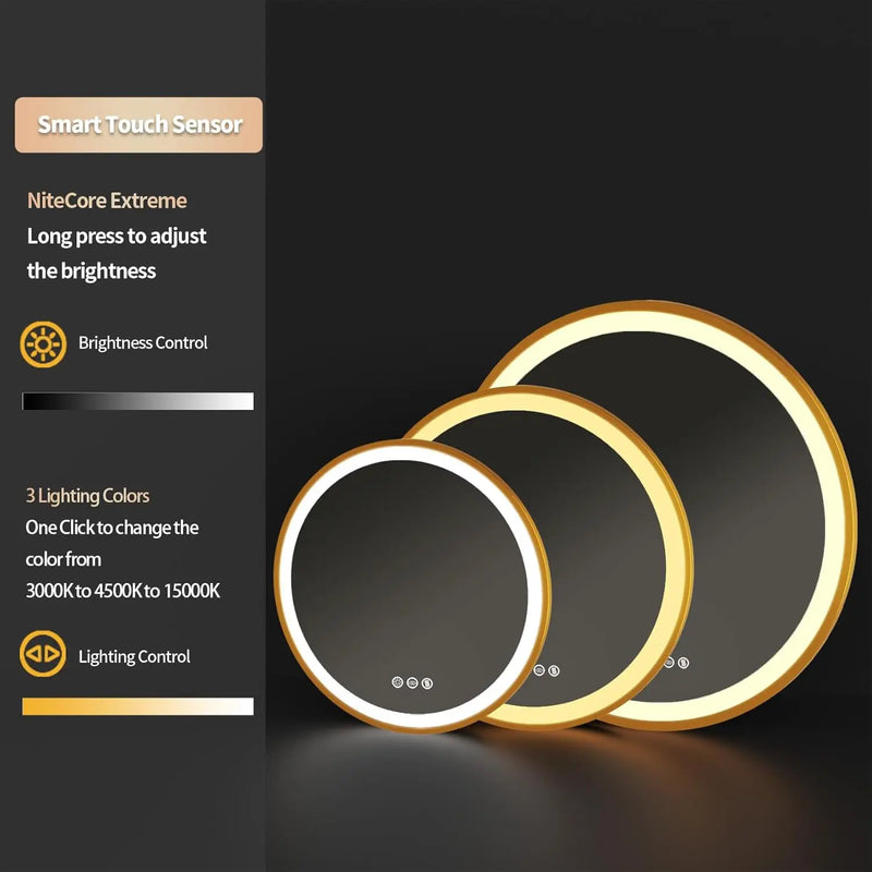 miroir rond éclairé avec cadre en aluminium et fonction mémoire