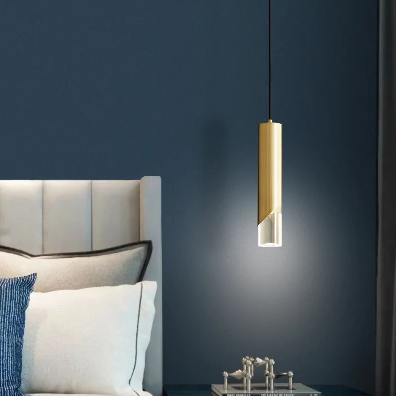 lustre led cylindrique minimaliste en fer et cristal clair