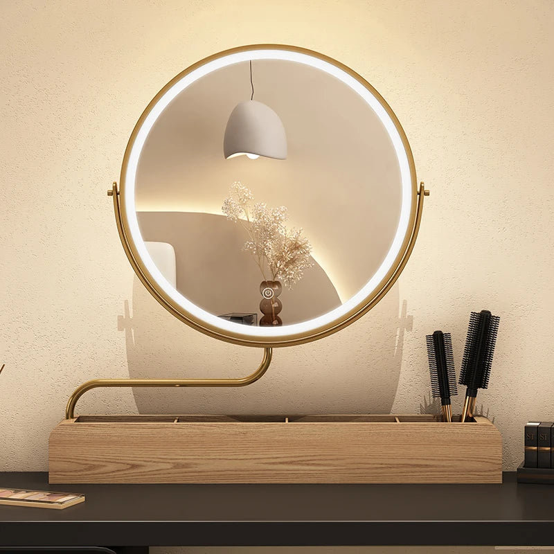 miroir décoratif à led rétro en bois pour maquillage