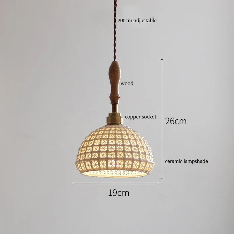 Suspension style japonais en céramique et bois de frêne vintage