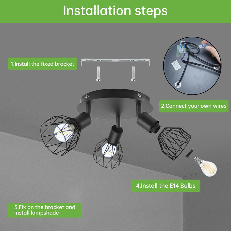 Spot de Plafond 3 Voies Rotatif - Spot Plafond Noir/Blanc Plafonniers E14 - Spot Luminaires Fil Cage Mur