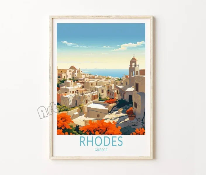affiche rétro de voyage avec château et île de santorin en grèce