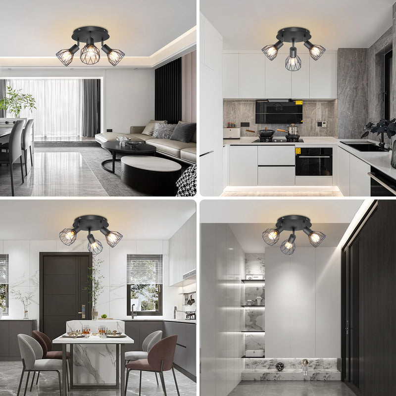 Spot de Plafond 3 Voies Rotatif - Spot Plafond Noir/Blanc Plafonniers E14 - Spot Luminaires Fil Cage Mur