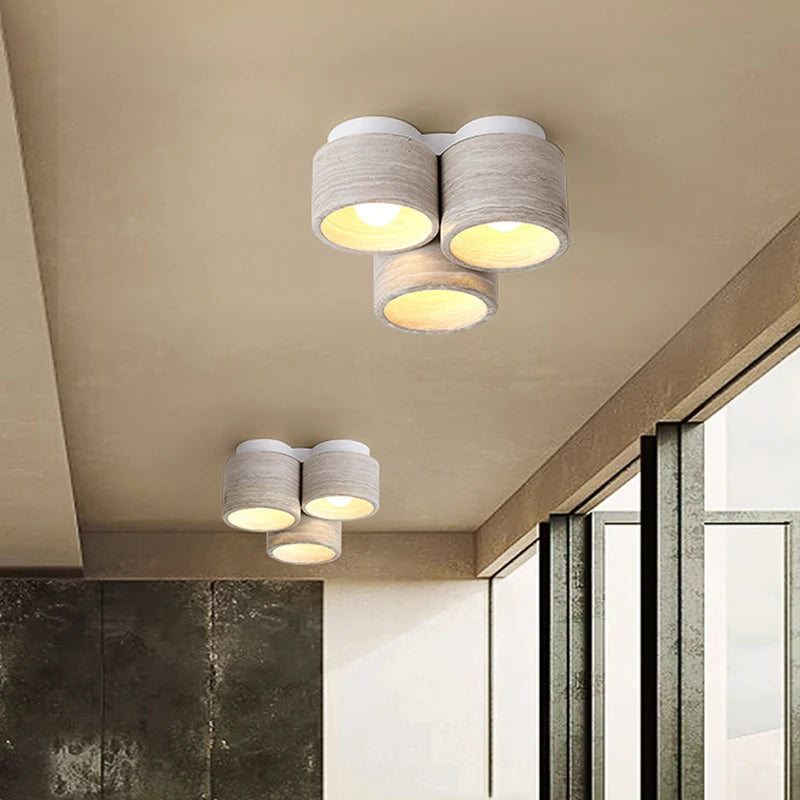 Plafonnier Led moderne en pierre de Grain de bois à 3 têtes Wabi Sabi