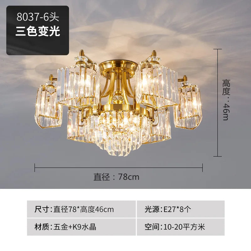 plafonnier moderne en cristal doré avec éclairage led trois couleurs