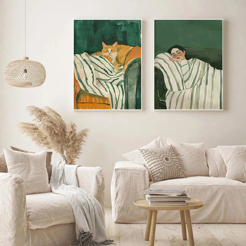 art mural abstrait femme chat pour décoration intérieure