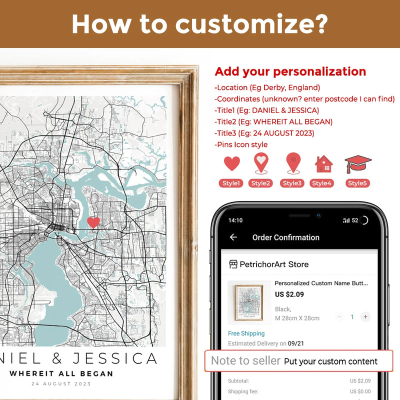 carte de ville personnalisée pour cadeau de saint-valentin