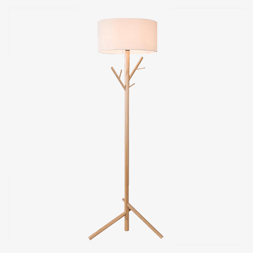Lampadaire avec abat-jour en tissu et pied en bois style arbre