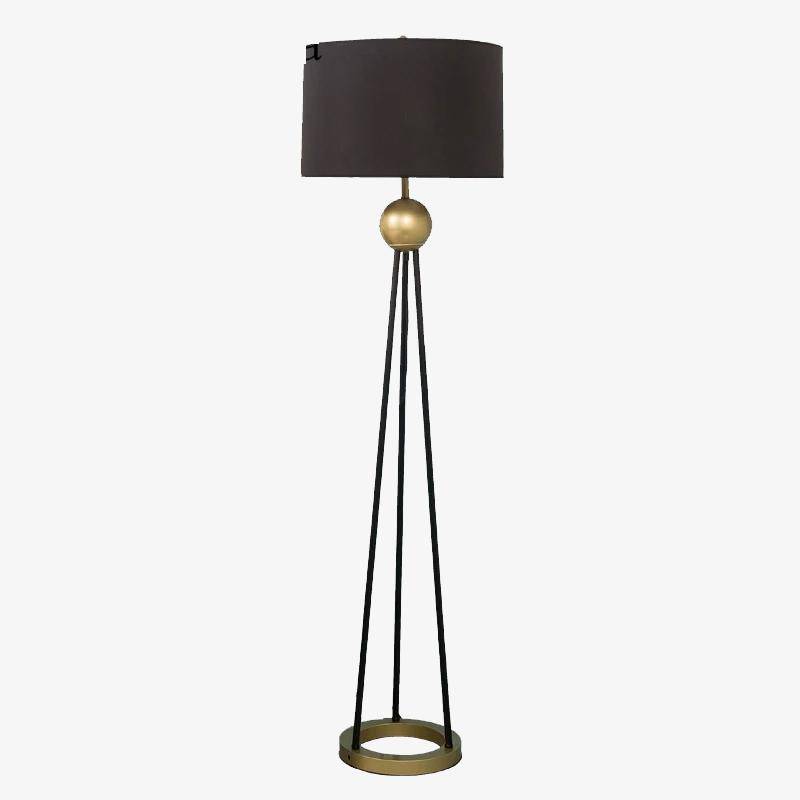 Lampadaire LED design trois pieds reliés avec boule doré et abat-jour tissu