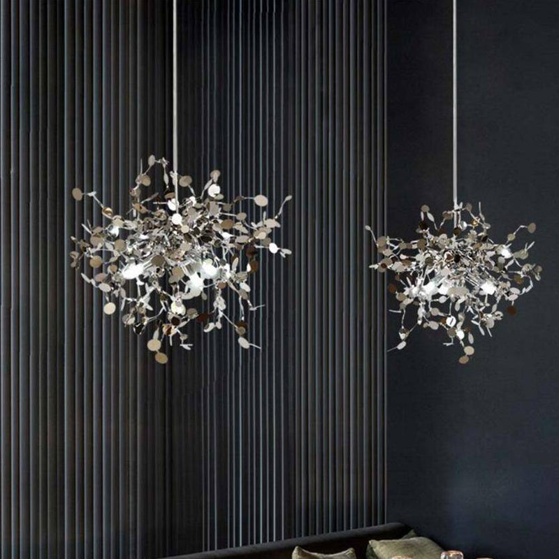 Lustre design chromé arbre à feuilles rondes
