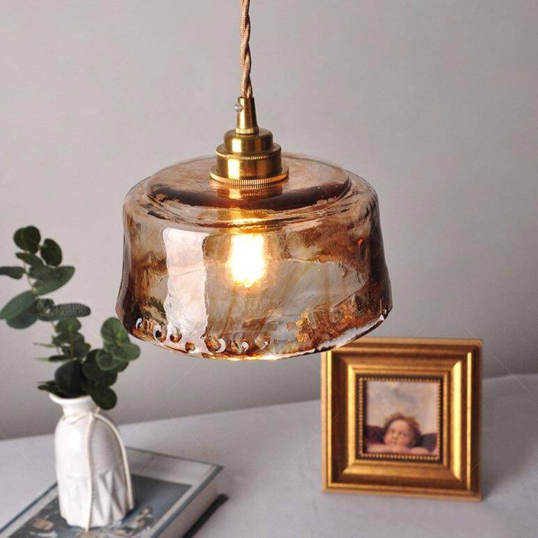 Suspension design à LED avec abat-jour en verre cuivré rétro