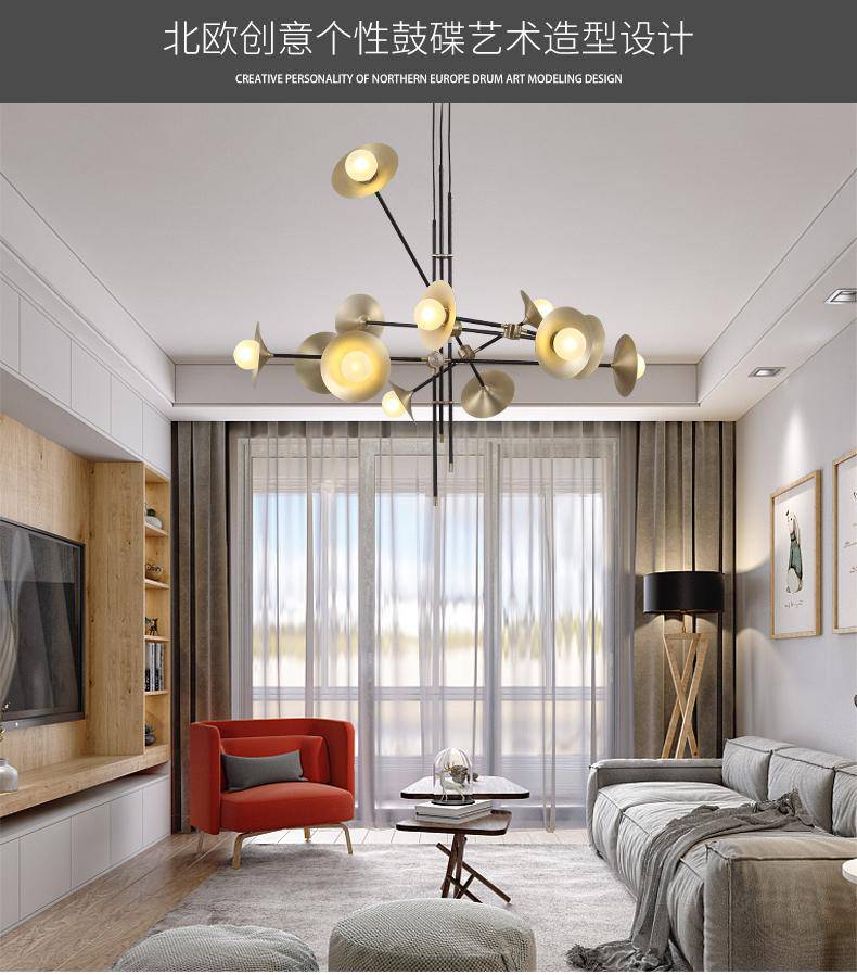Lustre design à LED avec branches articulées et lampes dorées Modern
