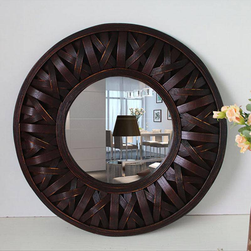 Miroir mural décoratif rond en bois foncé tressé